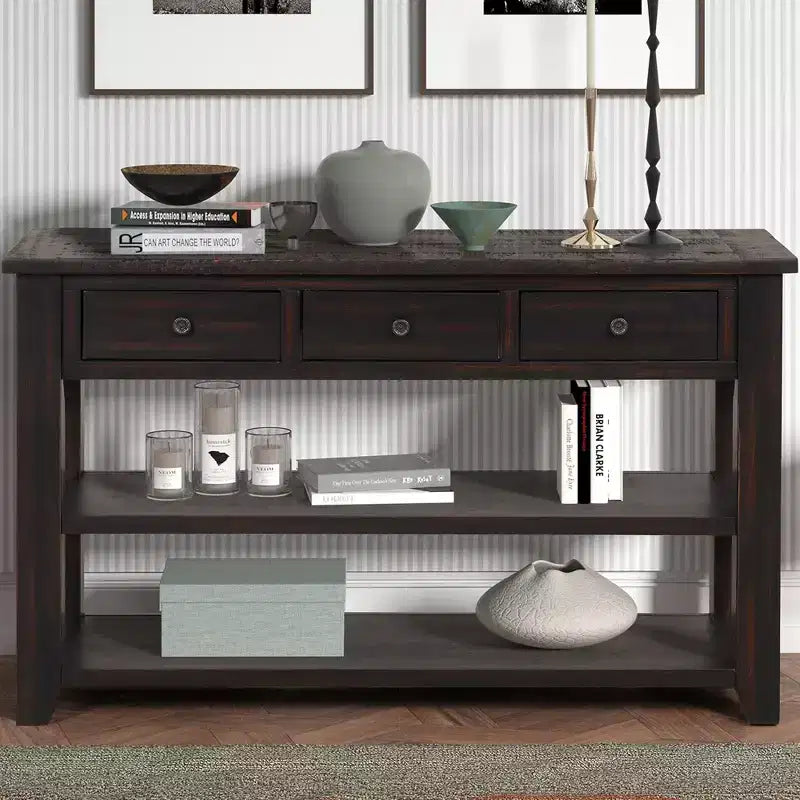 Table console rétro Okak 48 pouces avec plateau en bois, table d'entrée avec 3 tiroirs et 2 grandes étagères, table d'appoint pour salon, couloir