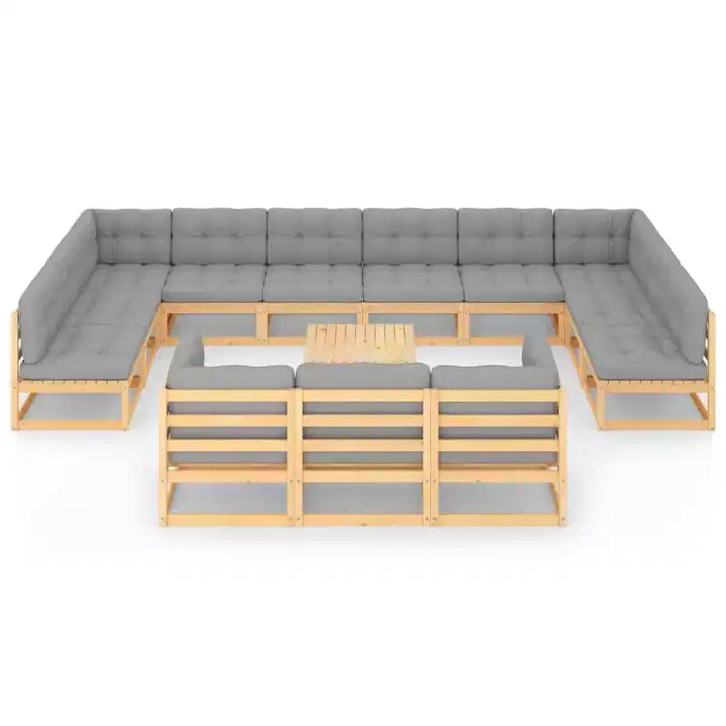 vidaXL 14 Piece Patio Lounge Set with Cushions Solid Wood Pine - Natural With Cushion