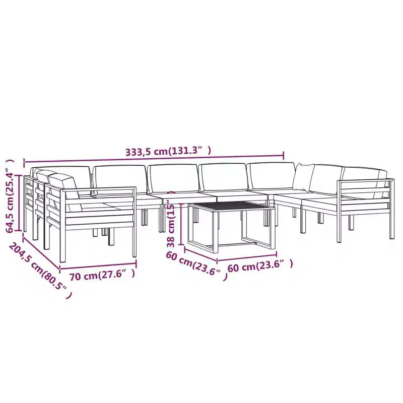 vidaXL 10-Piece Outdoor Aluminum Patio Lounge Set with Cushions - Modular Design/Weather-Resistant/Comfortable - Color Anthracite