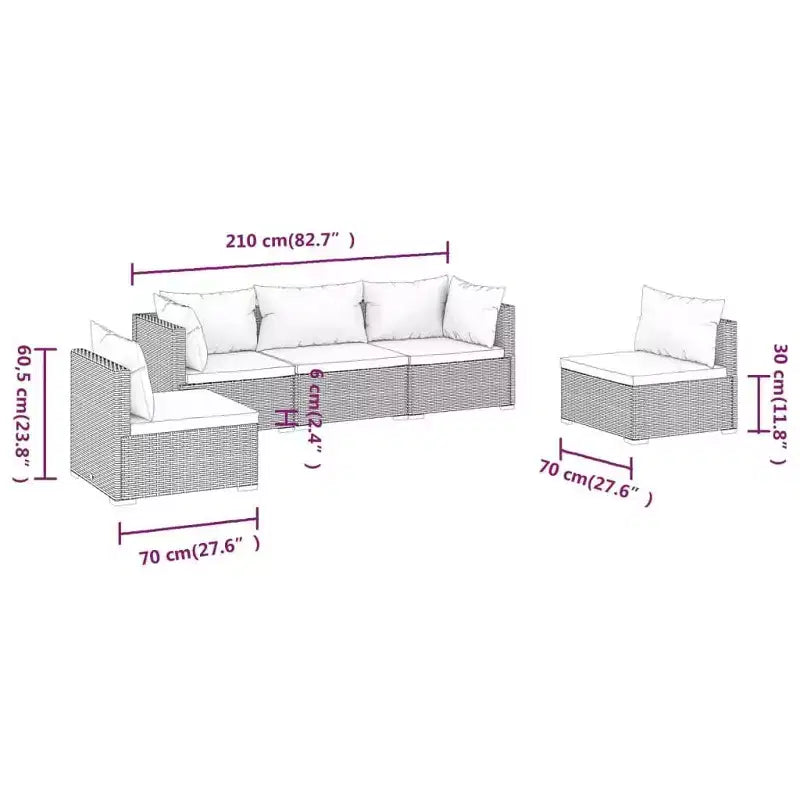 vidaXL Brown Poly Rattan Patio Lounge Set with Cushions - 5 Piece Modular Outdoor Garden Sofa Set, Powder-Coated Steel Frame, Water-Resistant