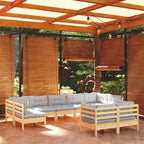 vidaXL Salon de jardin 9 pièces en pin massif avec coussins gris - Marron et gris