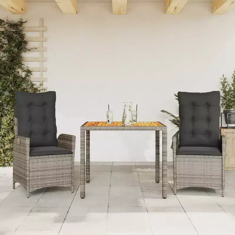 vidaXL 3 Piece Patio Dining Set with Cushions - Poly Rattan Reclining Seats & Acacia Wood Table - Adjustable Backrest - Gray