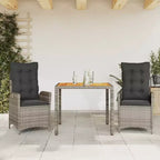 vidaXL 3 Piece Patio Dining Set with Cushions - Poly Rattan Reclining Seats & Acacia Wood Table - Adjustable Backrest - Gray