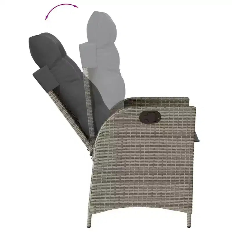 vidaXL 3 Piece Patio Dining Set with Cushions - Poly Rattan Reclining Seats & Acacia Wood Table - Adjustable Backrest - Gray