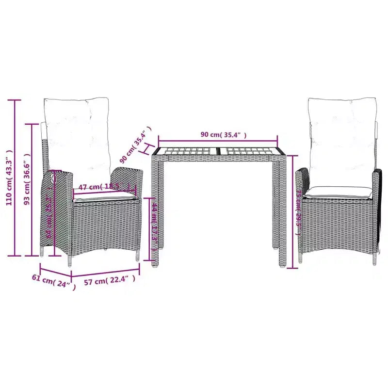 vidaXL 3 Piece Patio Dining Set with Cushions - Poly Rattan Reclining Seats & Acacia Wood Table - Adjustable Backrest - Gray