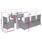 vidaXL 9 Piece Patio Dining Set - Cushion Seating/PE Rattan & Acacia Wood Table/Adjustable Reclining Chairs/Gray/Outdoor Patio Garden Furniture