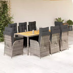 vidaXL 9 Piece Patio Dining Set - Cushion Seating/PE Rattan & Acacia Wood Table/Adjustable Reclining Chairs/Gray/Outdoor Patio Garden Furniture