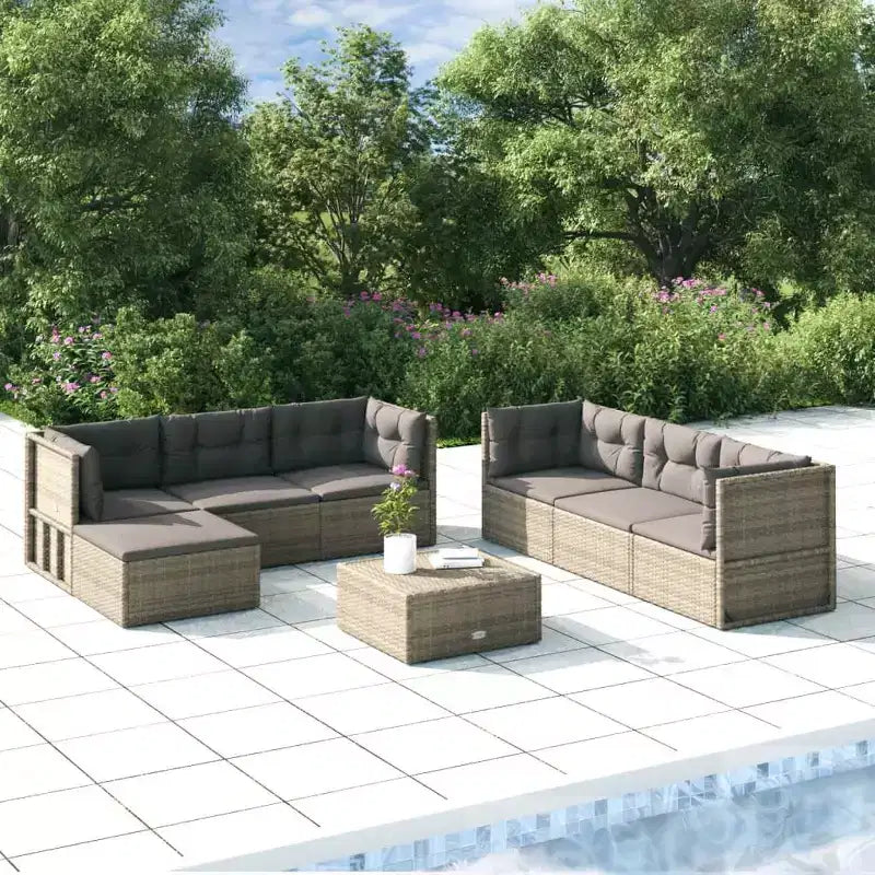 vidaXL Salon de jardin élégant gris avec résine tressée et cadre en acier poudré, comprenant des canapés d'angle, des canapés centraux et un pouf/repose-pieds