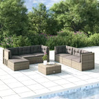 vidaXL Salon de jardin élégant gris avec résine tressée et cadre en acier poudré, comprenant des canapés d'angle, des canapés centraux et un pouf/repose-pieds
