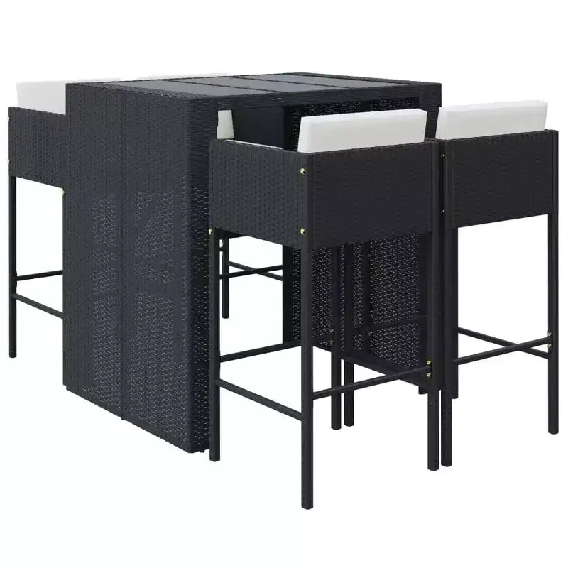 vidaXL Patio Bar Set 5 Piece Wicker Table and Stool with Cushions Poly Rattan - Black