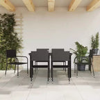 vidaXL Ensemble de jardin à dîner en rotin synthétique noir et acier, empilable, longueur de table 140 cm, 6 pièces