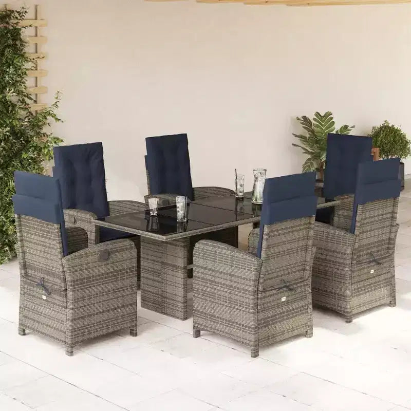 vidaXL 7-Piece Patio Dining Set - Gray Poly Rattan with Navy Blue Cushions, Adjustable Reclining Chairs, Tempered Glass Top Table for Garden/Outdoor