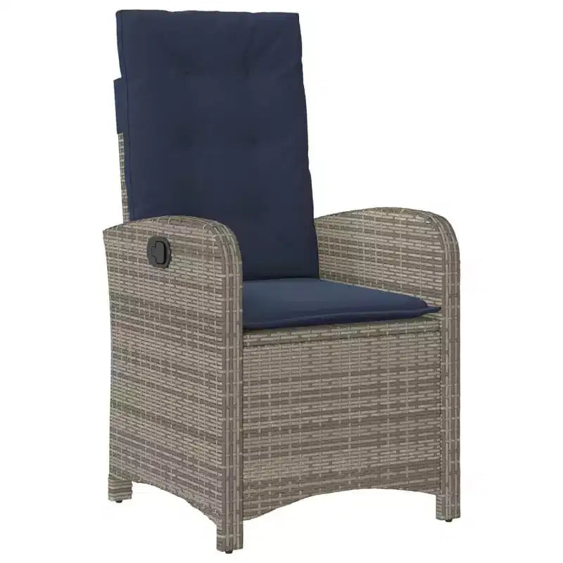 vidaXL 7-Piece Patio Dining Set - Gray Poly Rattan with Navy Blue Cushions, Adjustable Reclining Chairs, Tempered Glass Top Table for Garden/Outdoor