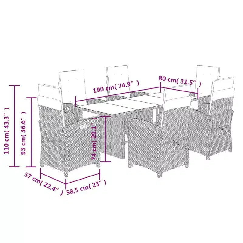 vidaXL 7-Piece Patio Dining Set - Gray Poly Rattan with Navy Blue Cushions, Adjustable Reclining Chairs, Tempered Glass Top Table for Garden/Outdoor
