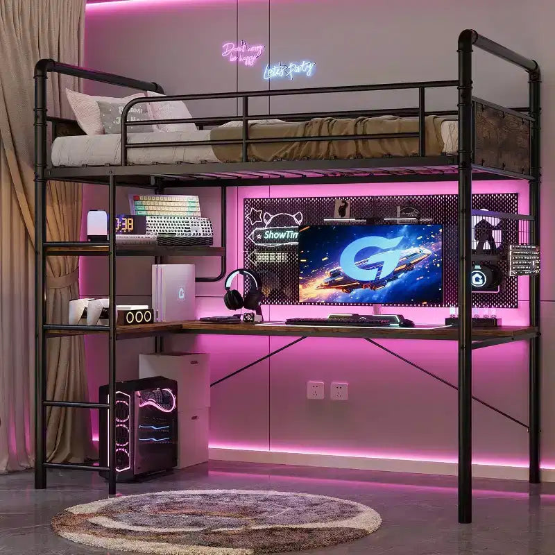 Acekool Twin Loft Bed with L-Shaped Desk, 2 Open Shelves, Mesh Panel, Guardrail, Ladder