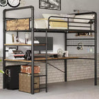 Acekool Twin Loft Bed with L-Shaped Desk, 2 Open Shelves, Mesh Panel, Guardrail, Ladder