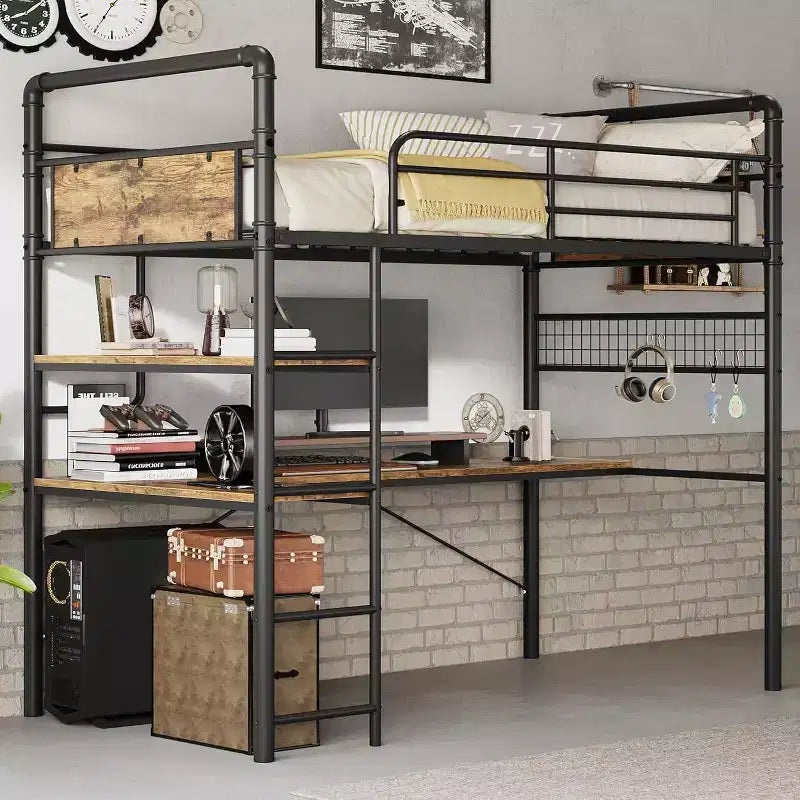 Acekool Twin Loft Bed with L-Shaped Desk, 2 Open Shelves, Mesh Panel, Guardrail, Ladder
