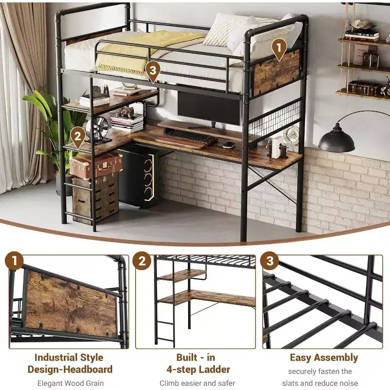Acekool Twin Loft Bed with L-Shaped Desk, 2 Open Shelves, Mesh Panel, Guardrail, Ladder