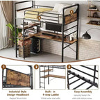 Acekool Twin Loft Bed with L-Shaped Desk, 2 Open Shelves, Mesh Panel, Guardrail, Ladder