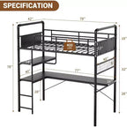 Acekool Twin Loft Bed with L-Shaped Desk, 2 Open Shelves, Mesh Panel, Guardrail, Ladder