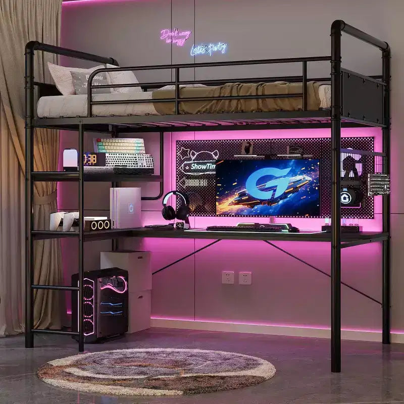 Acekool Twin Loft Bed with L-Shaped Desk, 2 Open Shelves, Mesh Panel, Guardrail, Ladder