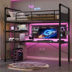 Acekool Twin Loft Bed with L-Shaped Desk, 2 Open Shelves, Mesh Panel, Guardrail, Ladder