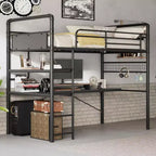 Acekool Twin Loft Bed with L-Shaped Desk, 2 Open Shelves, Mesh Panel, Guardrail, Ladder
