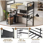 Acekool Twin Loft Bed with L-Shaped Desk, 2 Open Shelves, Mesh Panel, Guardrail, Ladder