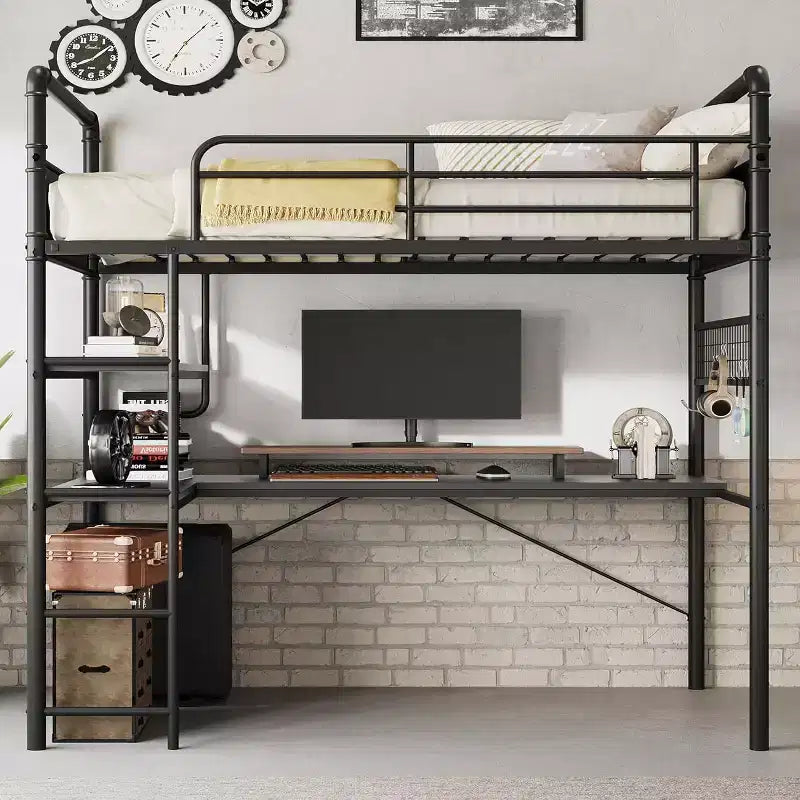 Acekool Twin Loft Bed with L-Shaped Desk, 2 Open Shelves, Mesh Panel, Guardrail, Ladder