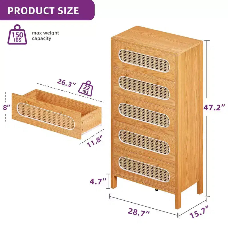 Commode bohème de 119,4 cm de hauteur avec poignées dorées et pieds réglables en rotin, 5 tiroirs, rangement en bois