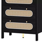 Commode bohème de 119,4 cm de hauteur avec poignées dorées et pieds réglables en rotin, 5 tiroirs, rangement en bois