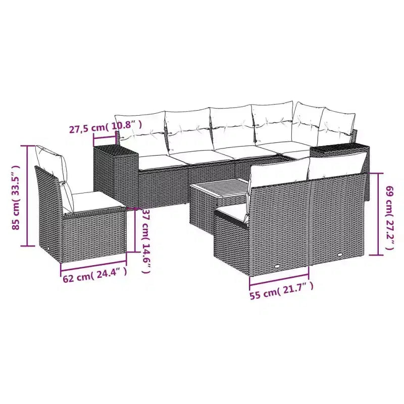 vidaXL 9 Piece Patio Sofa Set with Cushions Black Poly Rattan - Black and Blue