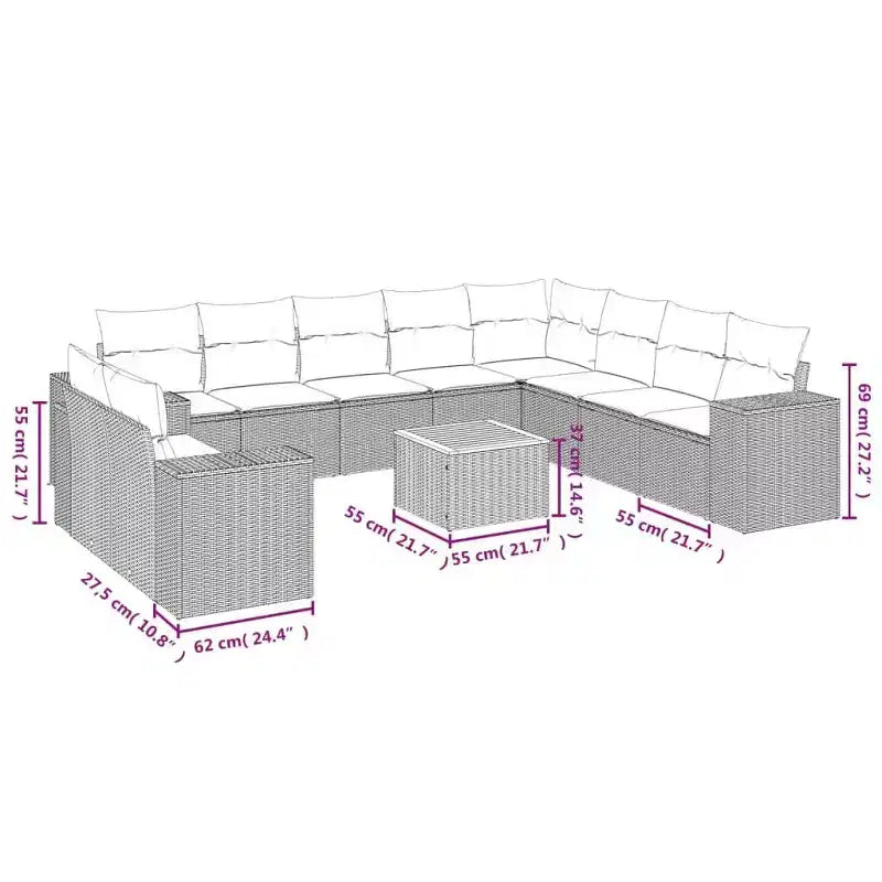 vidaXL 11 Piece Patio Sofa Set with Cushions - Black and Blue Poly Rattan