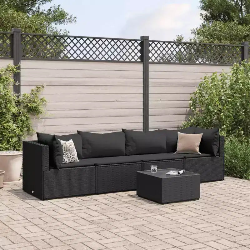 vidaXL - 5 Piece Patio Lounge Set with Black Cushions - PE Rattan, Steel Frame, Tempered Glass Coffee Table - for Garden, Terrace, Patio