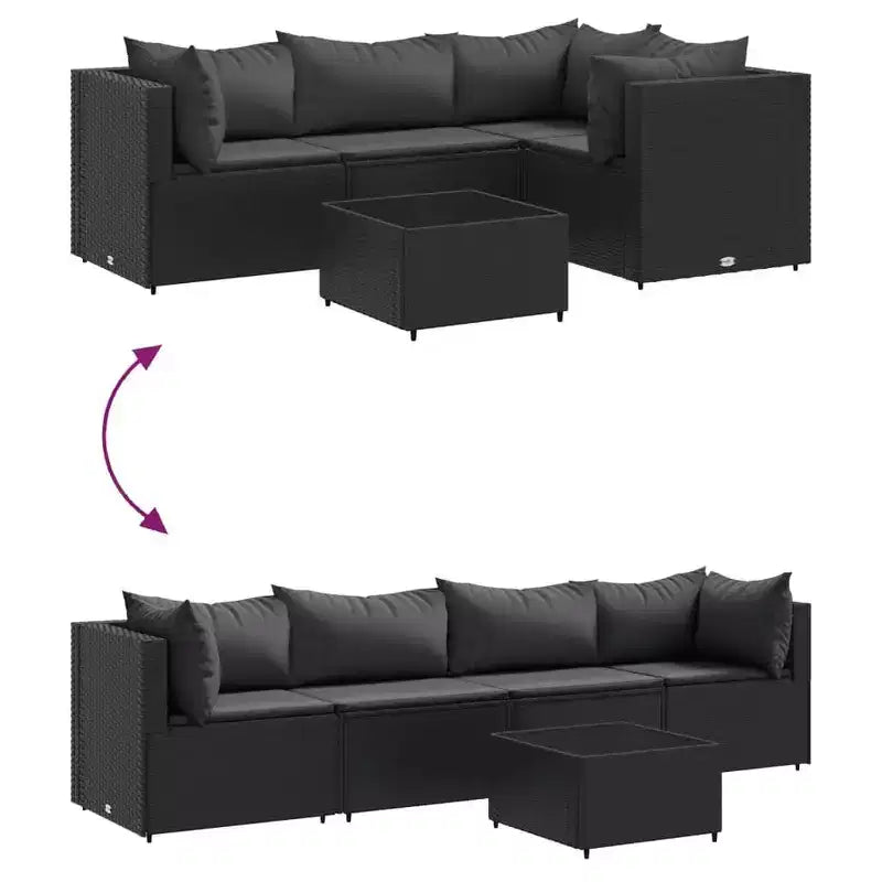 vidaXL - 5 Piece Patio Lounge Set with Black Cushions - PE Rattan, Steel Frame, Tempered Glass Coffee Table - for Garden, Terrace, Patio