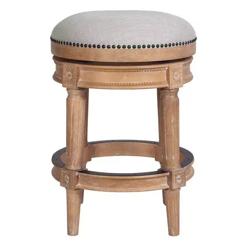 HomeRoots 26 Beige And Natural Solid Wood Swivel Backless Counter Height Bar Chair