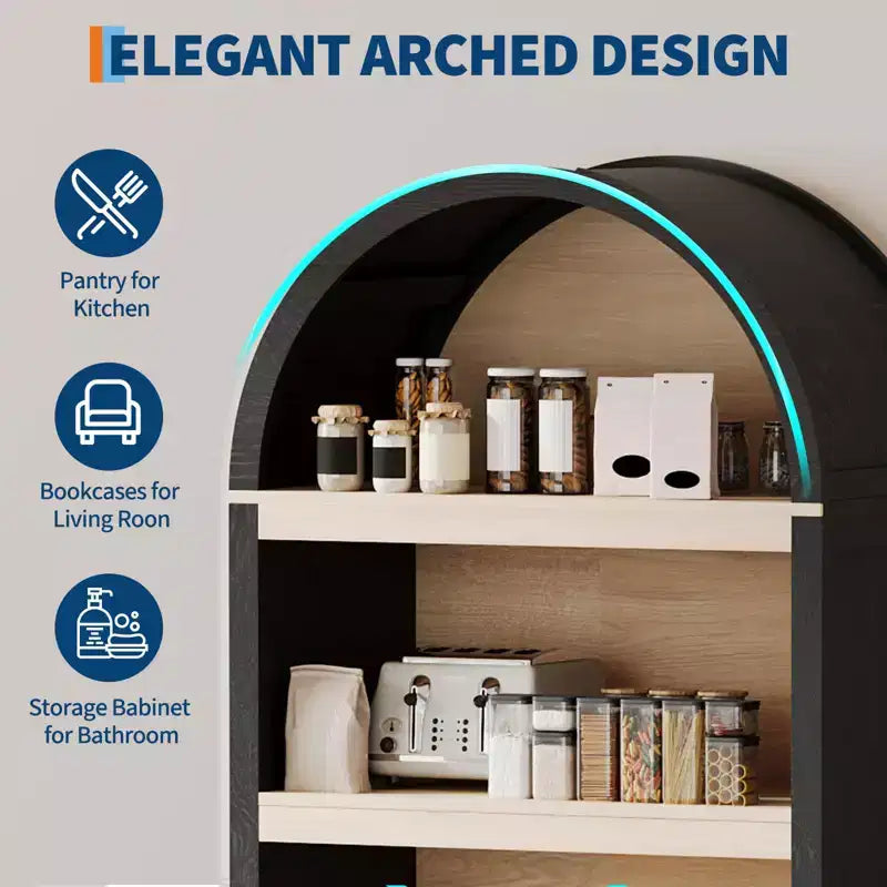 GustoWave 71'' 5 Tier Bookcase Arched Storage Cabinet, Farmhouse Wooden Kitchen Pantry Display Storage Cabinet with Open Shelves, Black