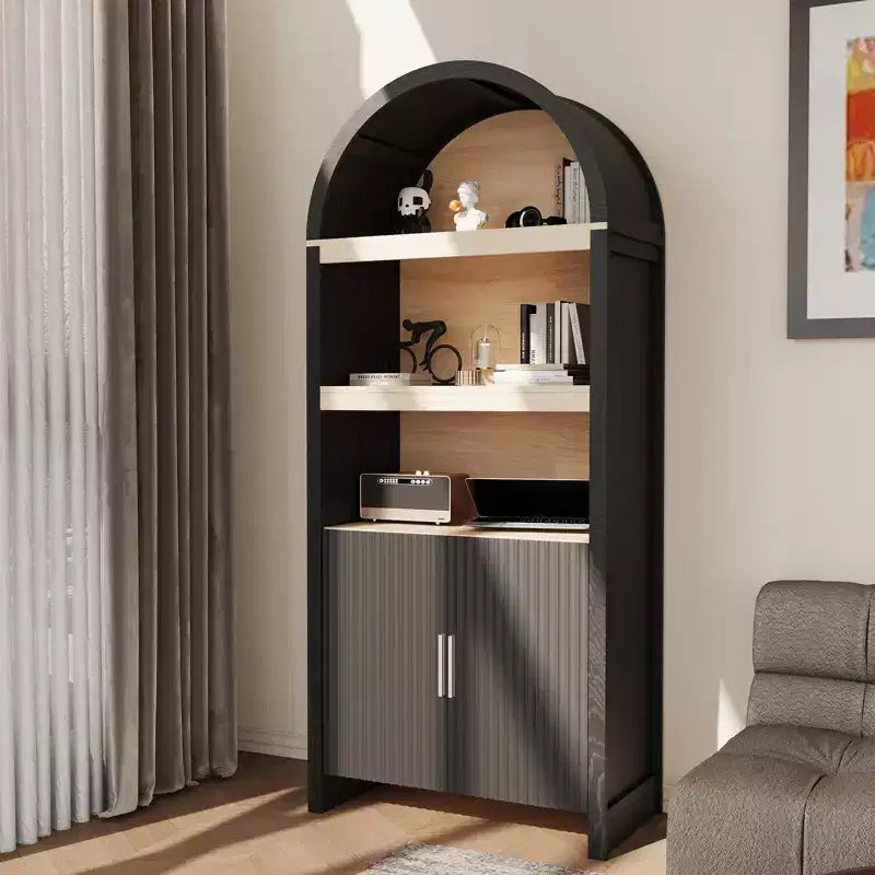 GustoWave 71'' 5 Tier Bookcase Arched Storage Cabinet, Farmhouse Wooden Kitchen Pantry Display Storage Cabinet with Open Shelves, Black