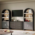 GustoWave 71'' 5 Tier Bookcase Arched Storage Cabinet, Farmhouse Wooden Kitchen Pantry Display Storage Cabinet with Open Shelves, Black