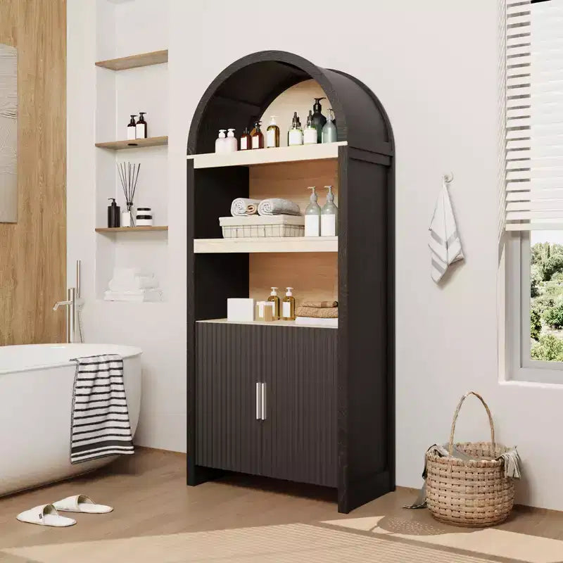 GustoWave 71'' 5 Tier Bookcase Arched Storage Cabinet, Farmhouse Wooden Kitchen Pantry Display Storage Cabinet with Open Shelves, Black