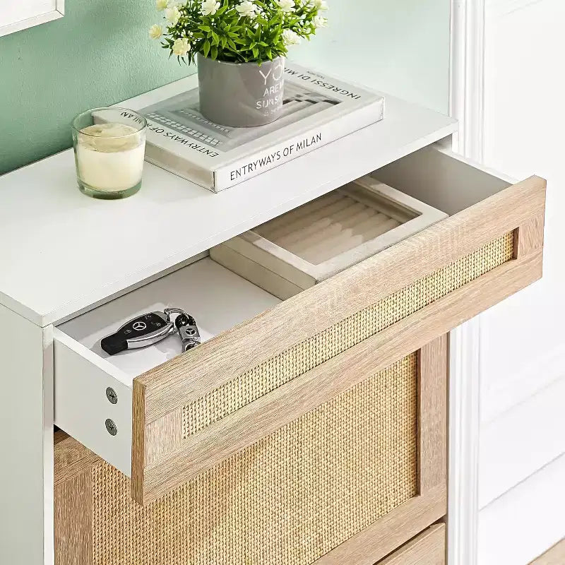 Freestanding wooden shoe cabinet with linen front, 2 flip-top drawers and closed shoe rack for a hallway, hallway or small apartment