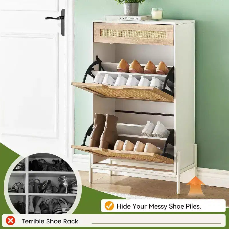 Freestanding wooden shoe cabinet with linen front, 2 flip-top drawers and closed shoe rack for a hallway, hallway or small apartment