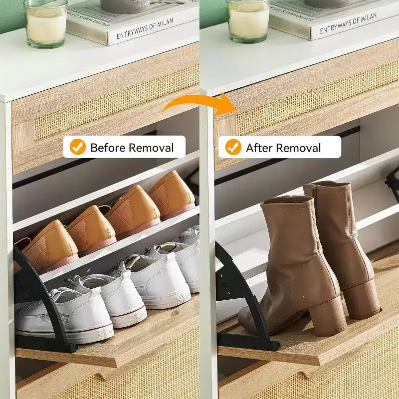 Freestanding wooden shoe cabinet with linen front, 2 flip-top drawers and closed shoe rack for a hallway, hallway or small apartment