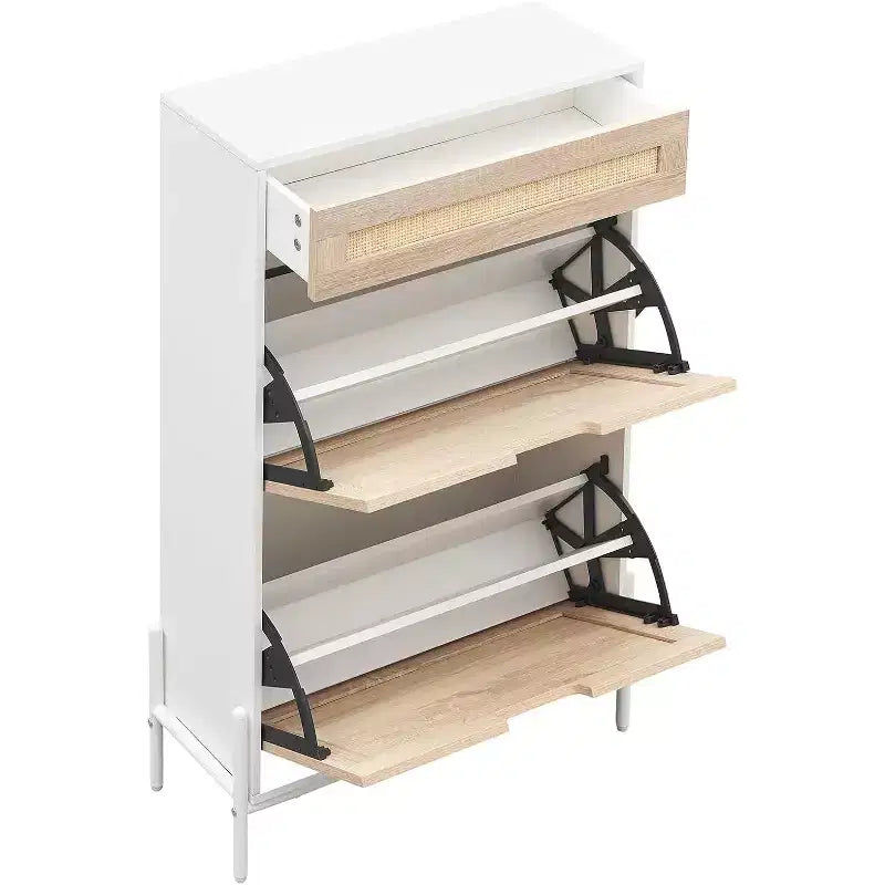 Freestanding wooden shoe cabinet with linen front, 2 flip-top drawers and closed shoe rack for a hallway, hallway or small apartment
