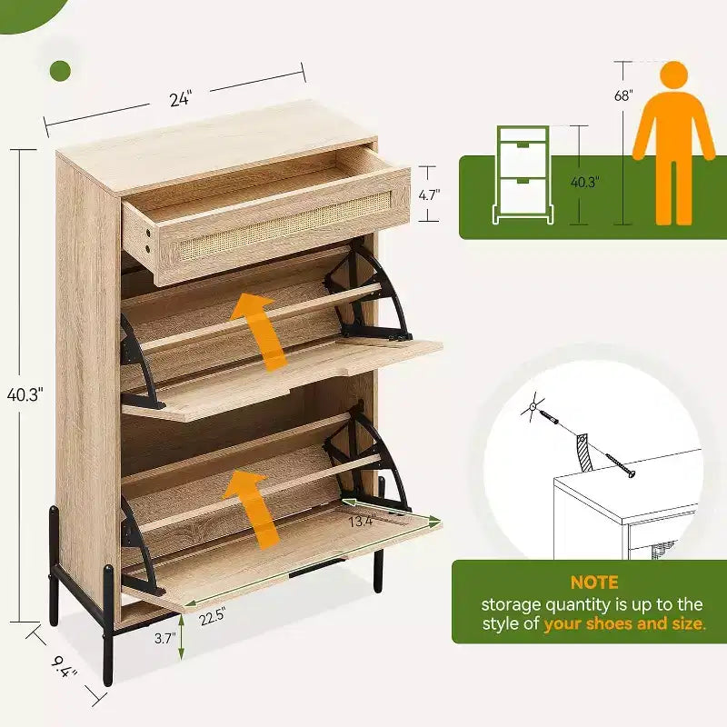 Freestanding wooden shoe cabinet with linen front, 2 flip-top drawers and closed shoe rack for a hallway, hallway or small apartment