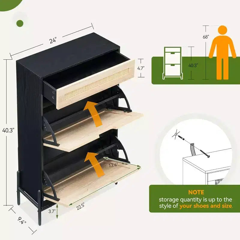 Freestanding wooden shoe cabinet with linen front, 2 flip-top drawers and closed shoe rack for a hallway, hallway or small apartment