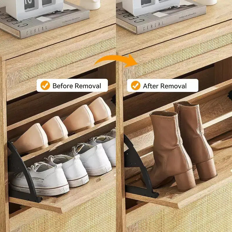 Freestanding wooden shoe cabinet with linen front, 2 flip-top drawers and closed shoe rack for a hallway, hallway or small apartment