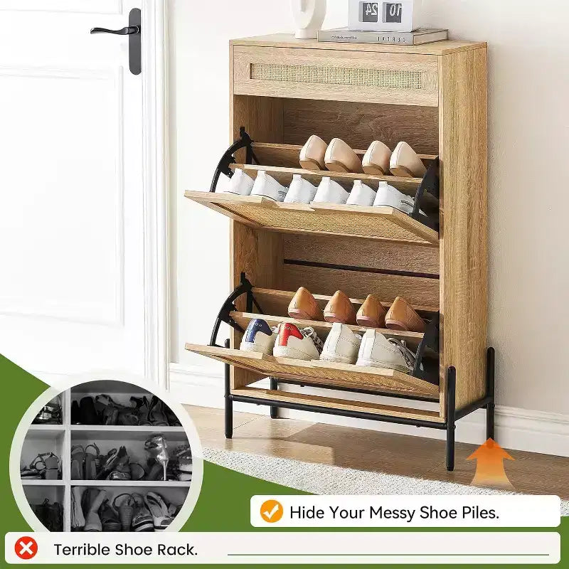 Freestanding wooden shoe cabinet with linen front, 2 flip-top drawers and closed shoe rack for a hallway, hallway or small apartment