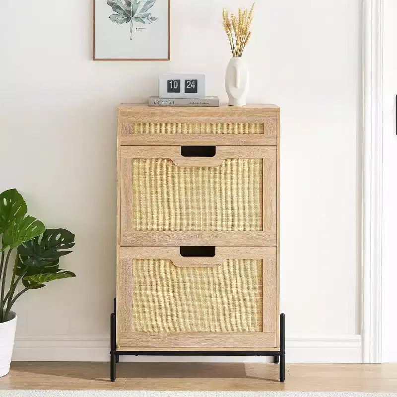 Freestanding wooden shoe cabinet with linen front, 2 flip-top drawers and closed shoe rack for a hallway, hallway or small apartment