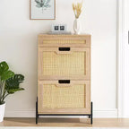 Freestanding wooden shoe cabinet with linen front, 2 flip-top drawers and closed shoe rack for a hallway, hallway or small apartment